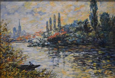 painting of a river scene with a boat in the foreground and a city in the distance