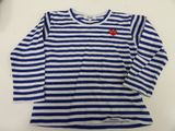 blue and white striped shirt with red heart appliqued on the chest