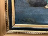an oil painting of a vase of flowers in a gold frame on a wall