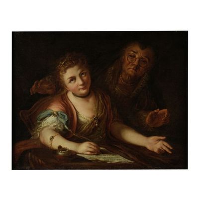 une peinture représentant un homme et une femme assis à une table