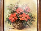 an oil painting of poinsettis in a basket on a table