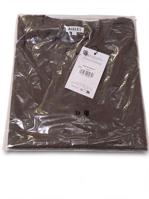brown t - shirt wrapped in plastic on white background with price tag