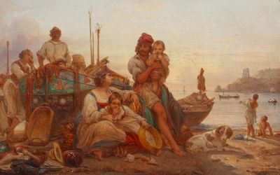 peinture d'un groupe de personnes assises sur une plage près d'un plan d'eau