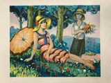 painting of two women sitting in the grass with an umbrella