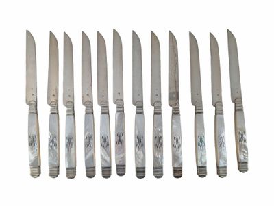 six knives are lined up in a row on a white surface