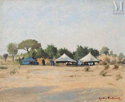 painting of a group of tents in the desert with trees in the background