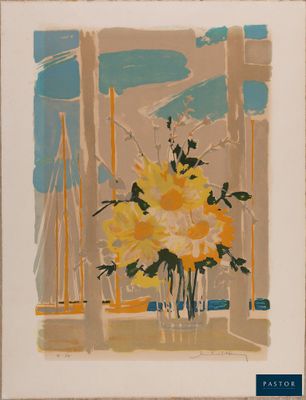 un tableau représentant des fleurs jaunes dans un vase posé sur le rebord d'une fenêtre