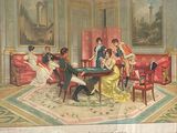 painting of a group of people sitting around a table in a room
