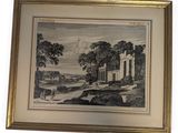 an old drawing of a castle with a man and a horse in the foreground