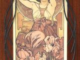 tableau représentant une femme assise sur une chaise, avec des fleurs devant elle