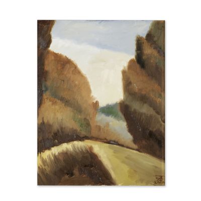 an image of a painting of a road with trees in the background
