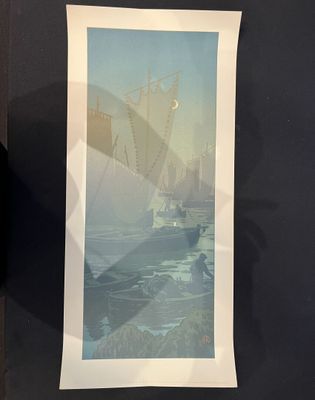 painting of a boat in a body of water with a city in the background