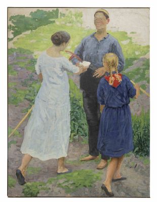 tableau représentant un homme, deux femmes et un enfant dans un champ