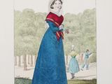 dessin représentant une femme en robe bleue avec une ceinture rouge