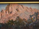 a painting of a mountain with palm trees in the foreground