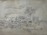 drawing of a landscape with trees and a river in the foreground