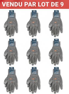 6 paires de gants gris, chacune portant une étiquette rouge