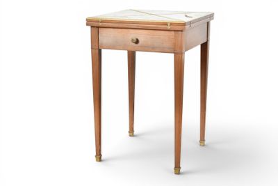 an image of a small wooden table with a marble top