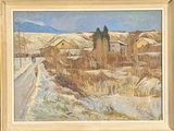 an image of a painting of a snowy landscape with houses in the background