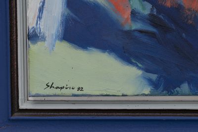 an oil painting of a blue and red abstract painting on a blue wall