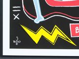 a picture of a picture of a black and white picture with a red and yellow lightning bolt