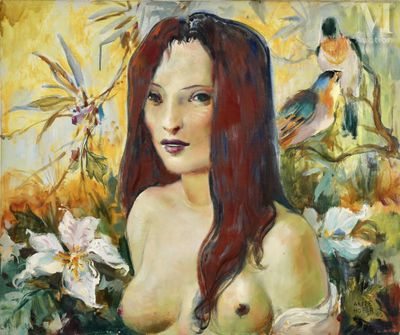 an oil painting of a woman with red hair and a bird in the background