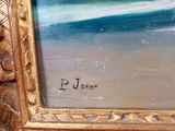 an oil painting of a beach scene with a wave coming in to shore