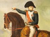 painting of a man in uniform riding a horse on a cloudy day
