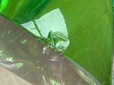 a close up of a green glass bowl with a spider on it