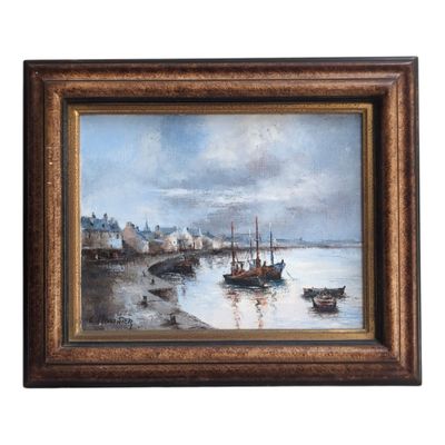 an oil painting of a harbor scene with boats in the water