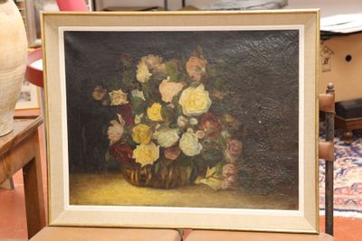une peinture de fleurs dans un vase sur une table