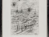 a black and white drawing of a boat in a body of water
