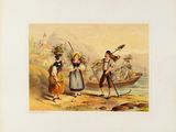 painting of a group of people standing on a beach next to a body of water