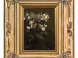 a painting of flowers in a gold frame on a white background