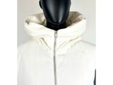 a mannequin head wearing a white jacket with a hood