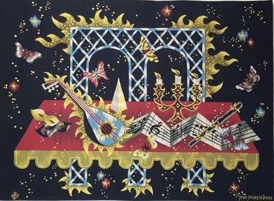 peinture représentant un instrument de musique posé sur une table, avec des notes de musique et des étoiles