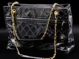 a close up of a black purse with a chain around it