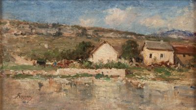 an image of a painting of a farm with cows in the background