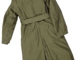 an olive green trench coat with a belt on a white background