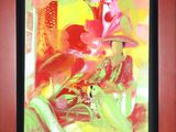 painting of a woman with a hat and a bird in a red frame