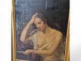 an oil painting of a woman reading a book in a gold frame