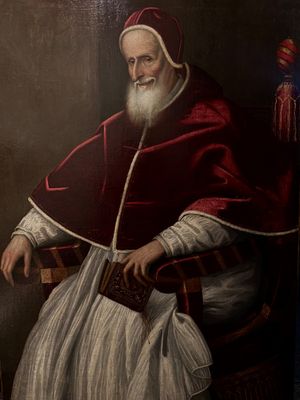 tableau représentant un homme à la barbe blanche et vêtu d'une robe rouge, assis sur une chaise