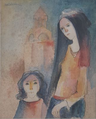 a painting of a woman and a child in front of a building