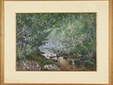 an oil painting of a stream running through a forest filled with trees
