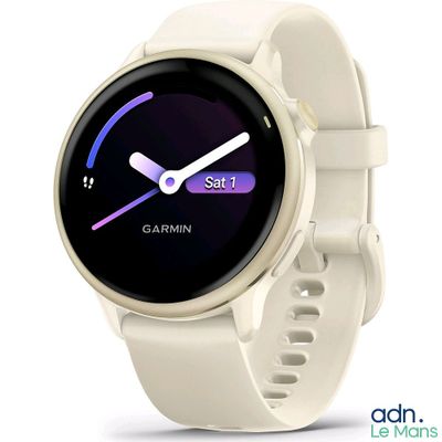 a white smart watch with a purple display on the screen