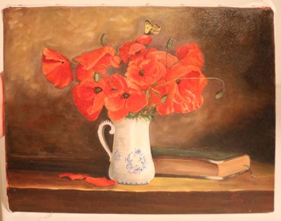 FLO (XX°) "Nature morte aux coquelicots" Huile sur toile sig…