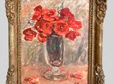 une peinture de fleurs rouges dans un vase sur une table