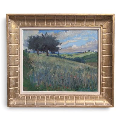 an oil painting of a field with a lone tree in the distance