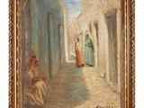 a painting of a street scene with a woman in a green dress and a man in a red dress