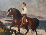 painting of a boy riding a horse with a dog on the beach